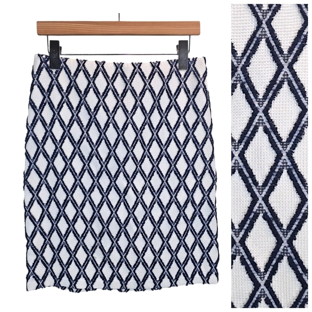 J. McLaughlin Womens Diamond Lattice Mini Skirt 2 White Navy Coastal Preppy Chic